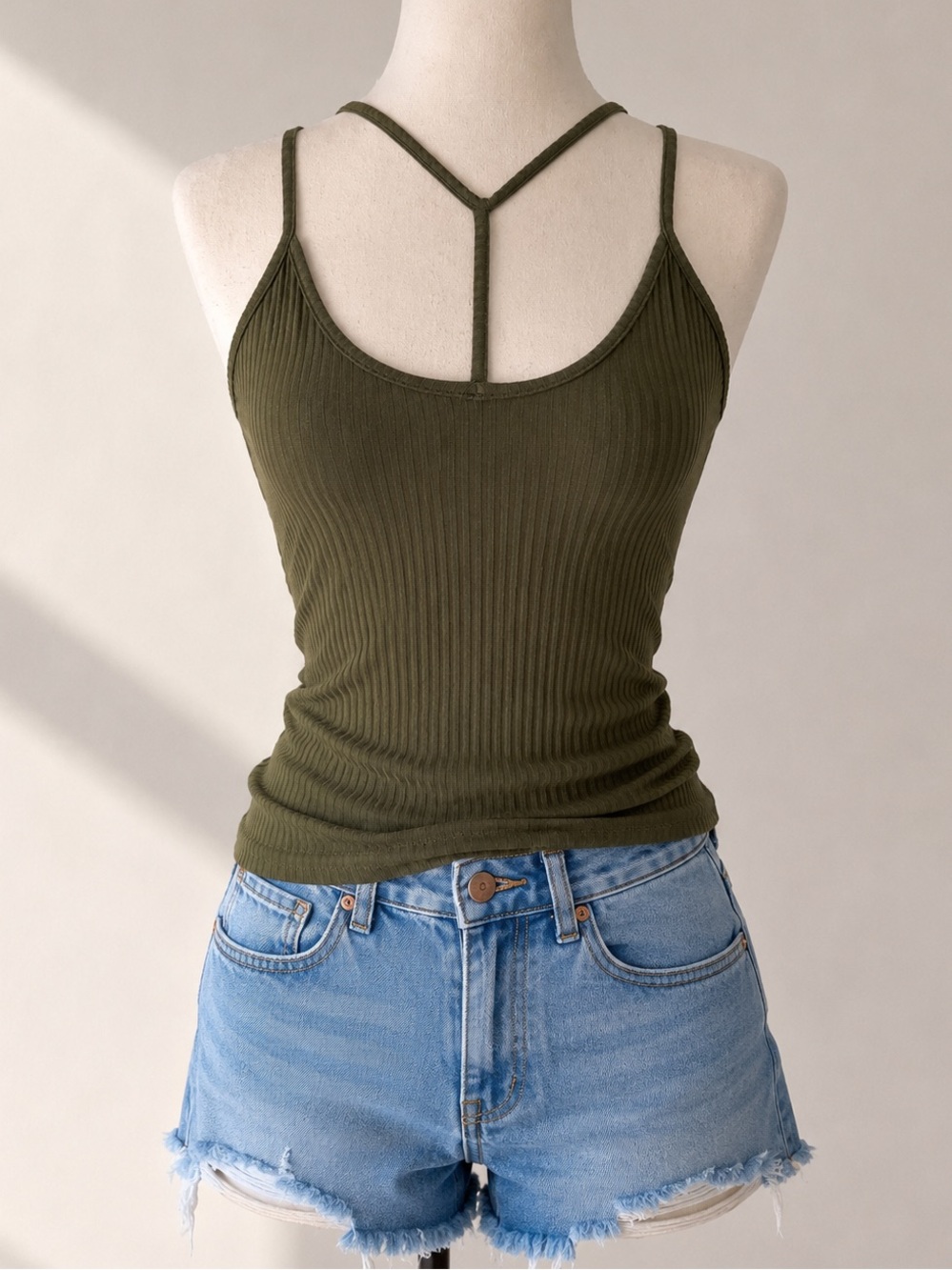 Iris Basic Olive Ribbed Strappy Tank - Picture 3 of 11
